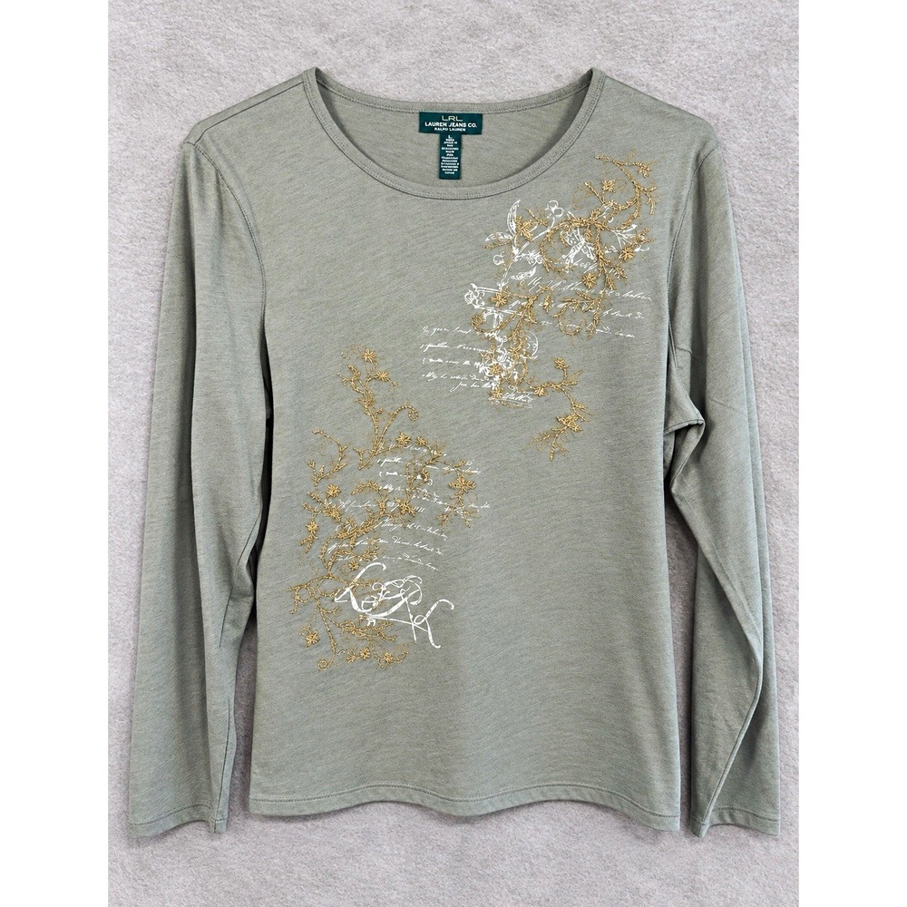 Lauren Jeans Co. Ralph Lauren Womens XL Green Embroidered Scoop Neck Long Sleeve
